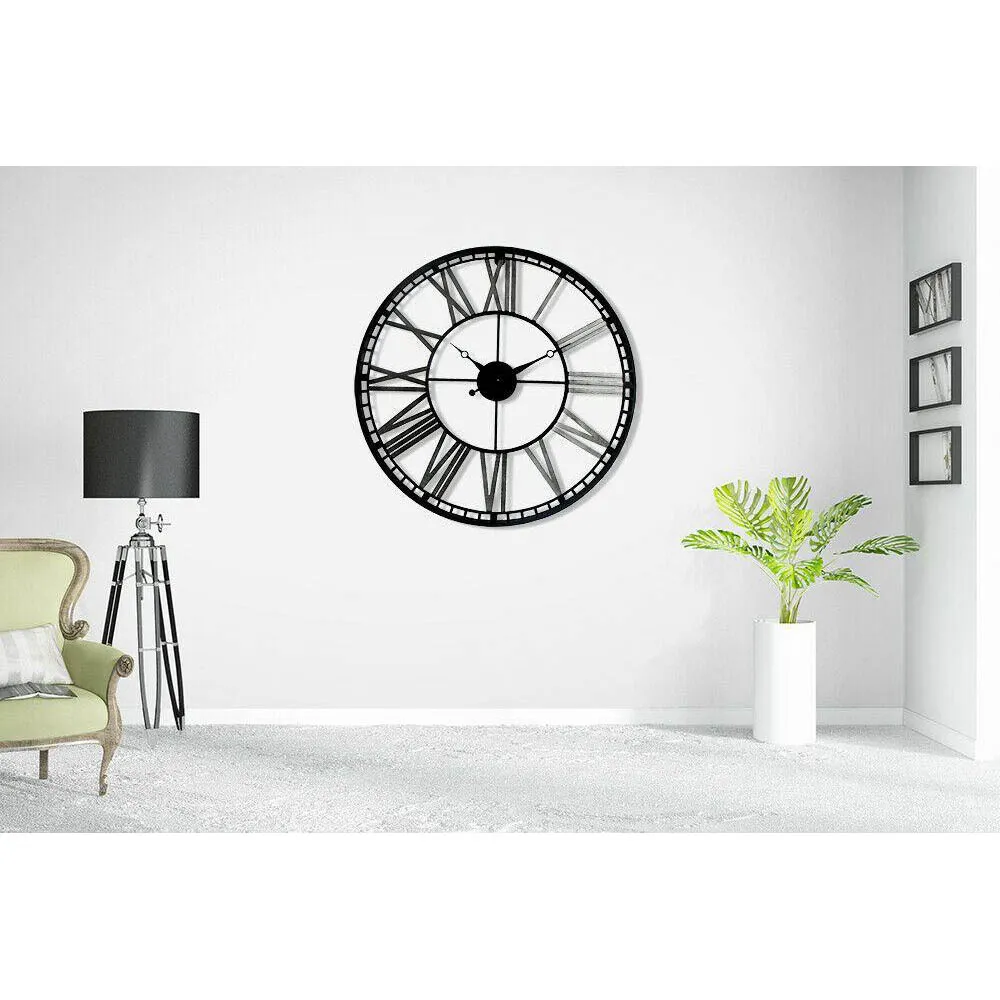 Industrial Round Wall Clock with Roman Numerals - Black, Iron