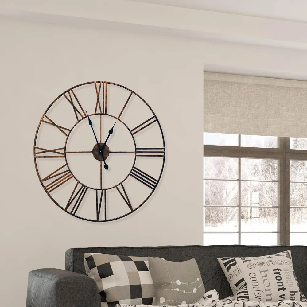 Rustic Copper Roman Numeral Round Wall Clock 73cm - Brown