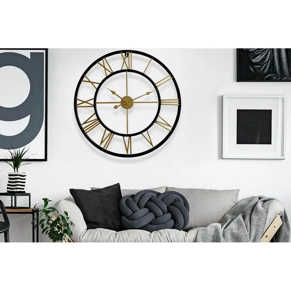 Walplus Round Wall Clock with Roman Numerals - Black, Gold