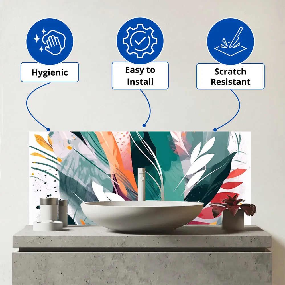 Abstract Feather Leaves Glass Bathroom Splashback - Multi