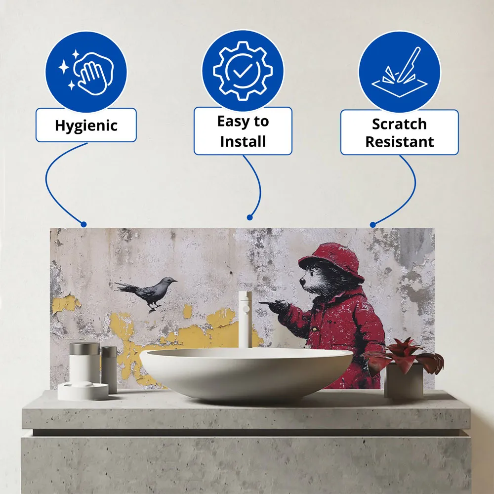 Banksy Inspired Bear Glass Bathroom Splashback - Multi
