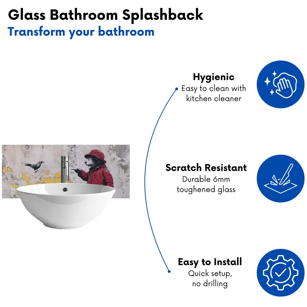 Banksy Inspired Bear Glass Bathroom Splashback - Multi