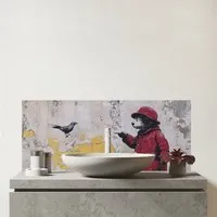 Banksy Inspired Bear Glass Bathroom Splashback - Multi