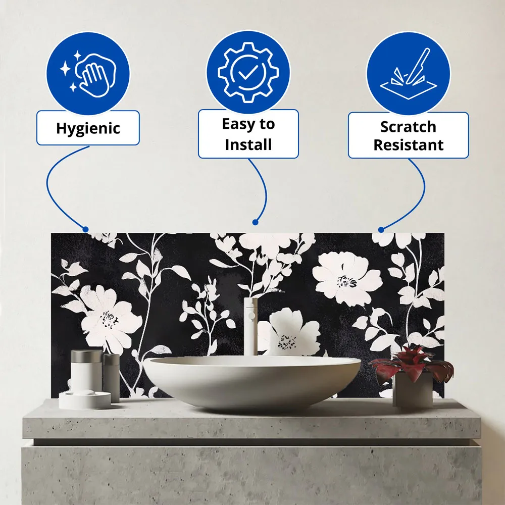 Black and White Floral Glass Bathroom Splashback - Multi
