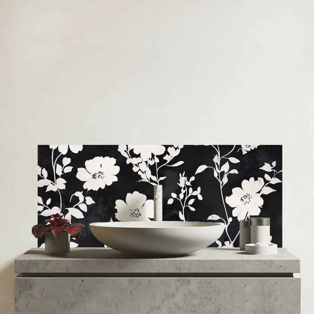 Black and White Floral Glass Bathroom Splashback - Multi image