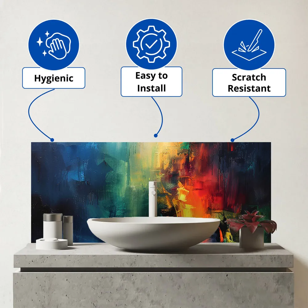 Colourful Chaos Urban Dreamscape Glass Bathroom Splashback - Multi