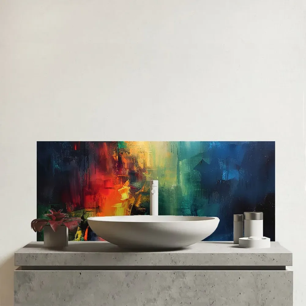 Colourful Chaos Urban Dreamscape Glass Bathroom Splashback - Multi