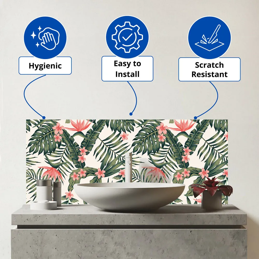 Dark Tropical Green Leaves Glass Bathroom Splashback - Multi