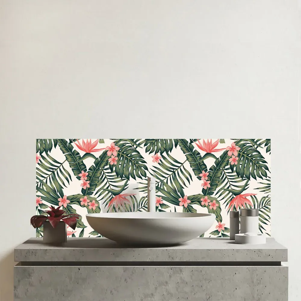 Dark Tropical Green Leaves Glass Bathroom Splashback - Multi image