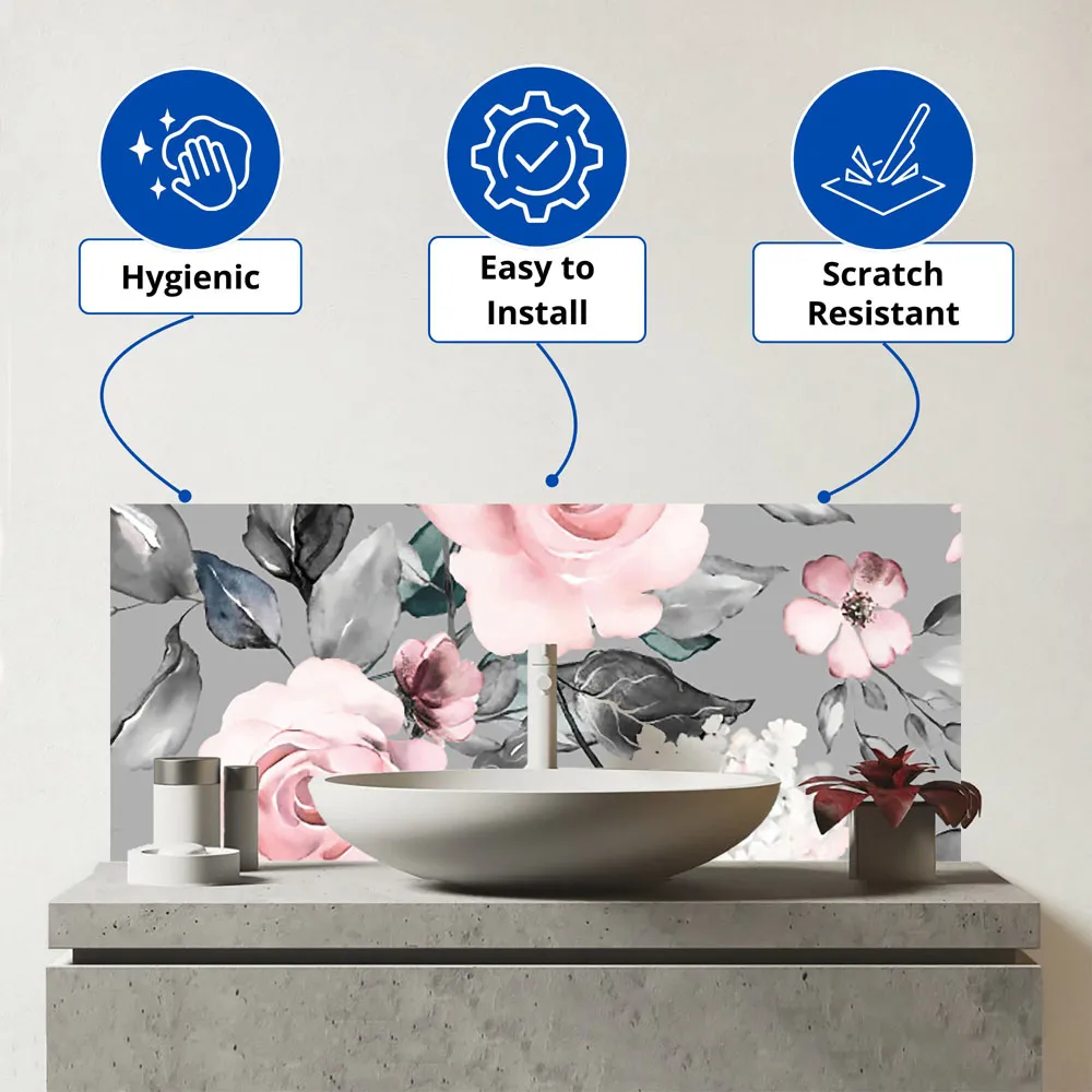 Dusty Pink Roses Glass Bathroom Splashback - Multi