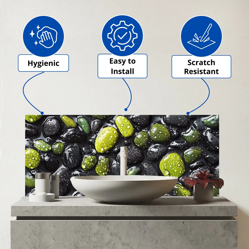 Emerald and Onyx Pebbles Bathroom Splashback - Multi