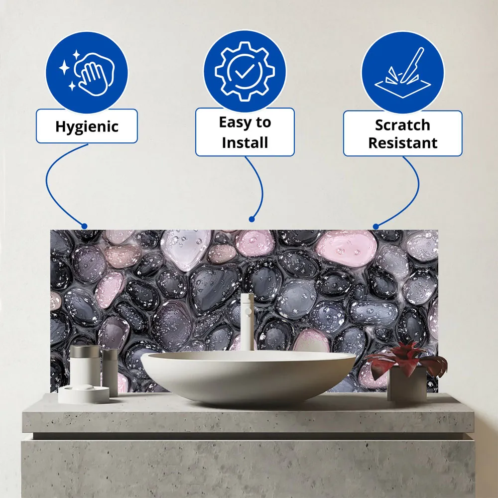 Glossy Pebbles in Soft Hues Bathroom Splashback - Multi