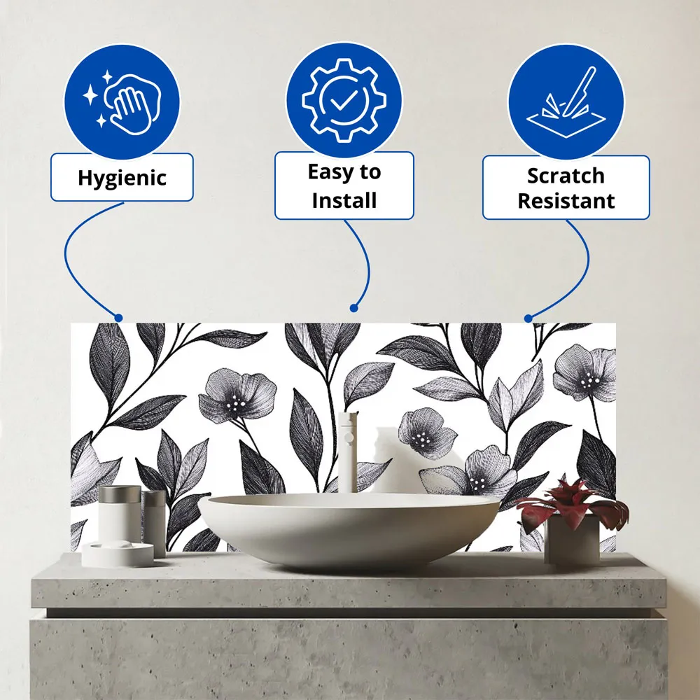 Hand Drawn Leaves and Flowers Glass Bathroom Splashback - Multi