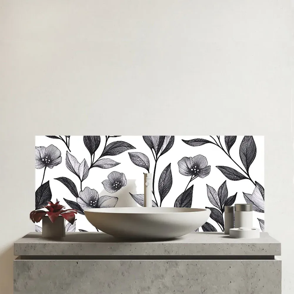 Hand Drawn Leaves and Flowers Glass Bathroom Splashback - Multi image