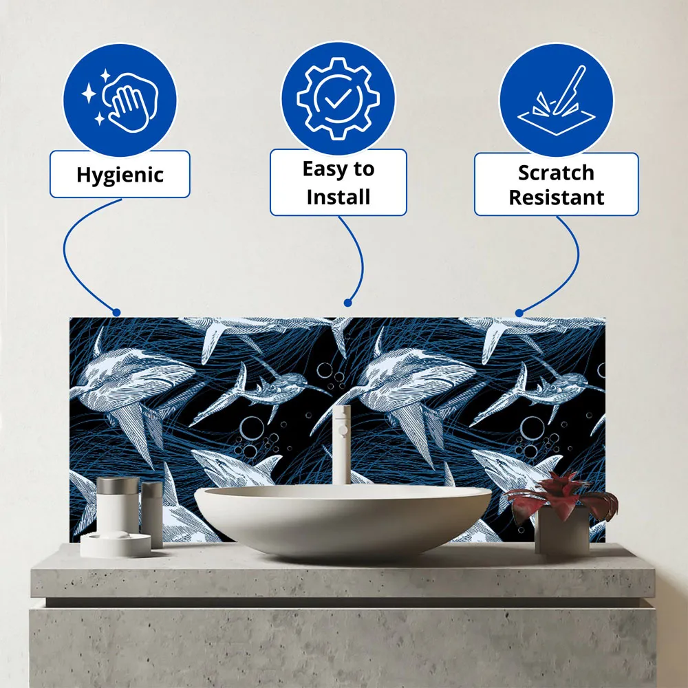 Hand Drawn Shark Pattern Glass Bathroom Splashback - Multi