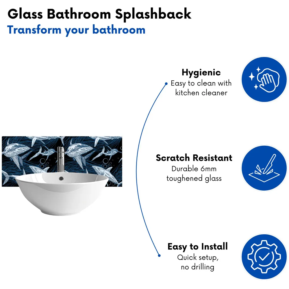 Hand Drawn Shark Pattern Glass Bathroom Splashback - Multi