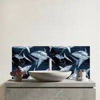 Hand Drawn Shark Pattern Glass Bathroom Splashback - Multi