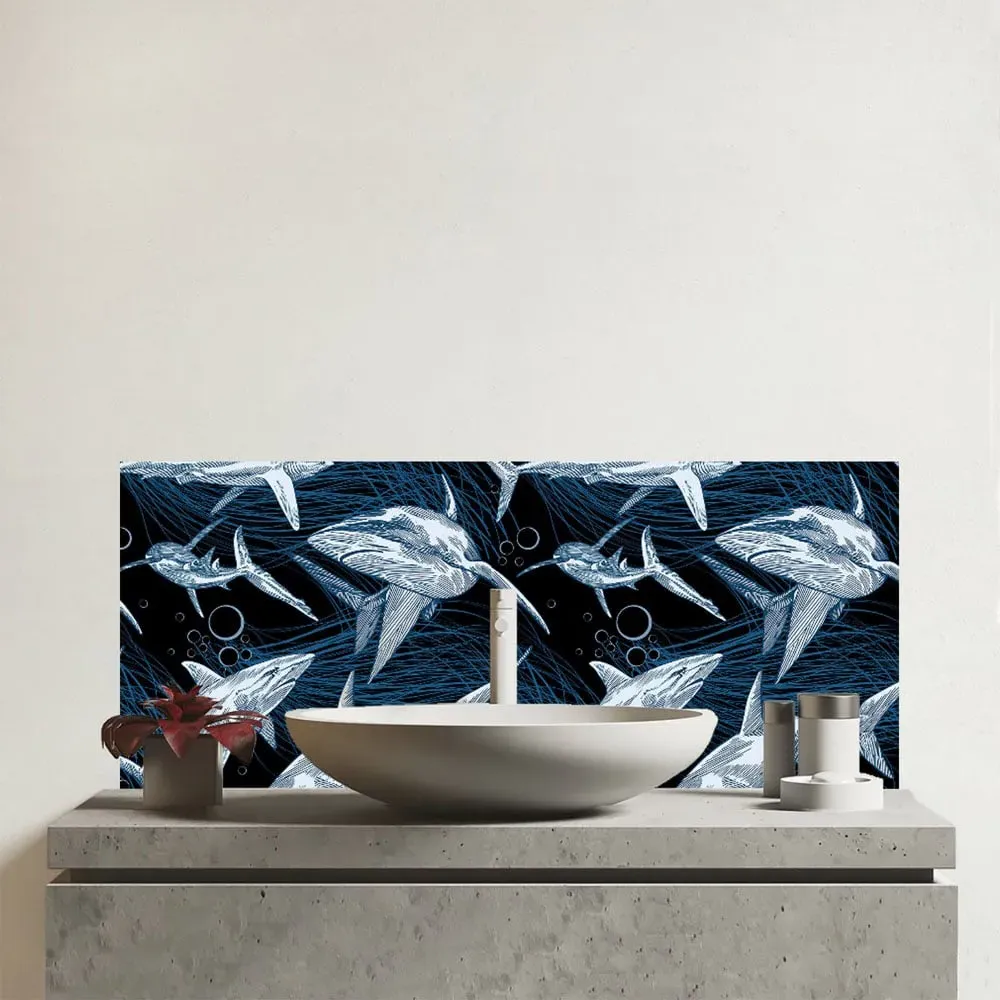 Hand Drawn Shark Pattern Glass Bathroom Splashback - Multi