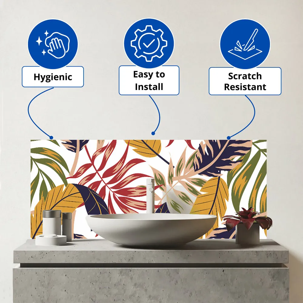 Hawaiian Jungle Leaves Glass Bathroom Splashback - Multi