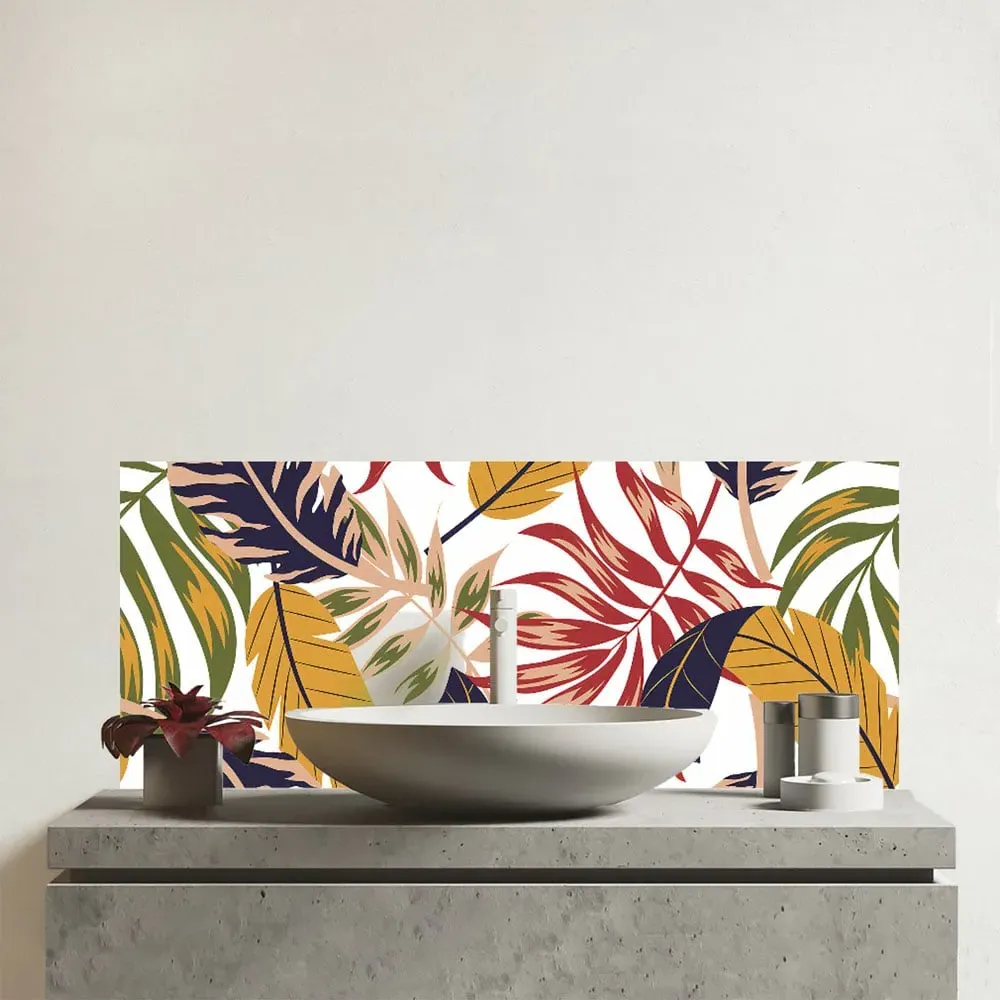 Hawaiian Jungle Leaves Glass Bathroom Splashback - Multi image