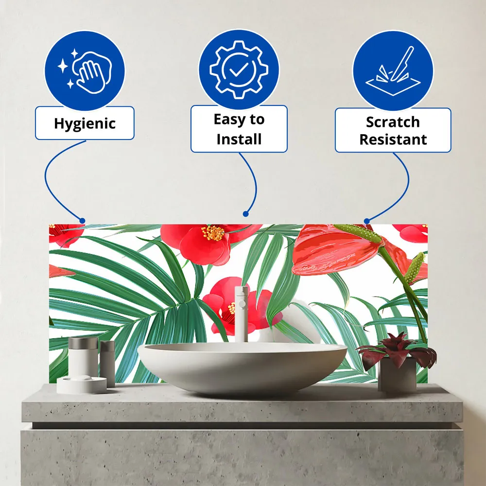 Hawaiian Tropical Flowers Glass Bathroom Splashback - Multi