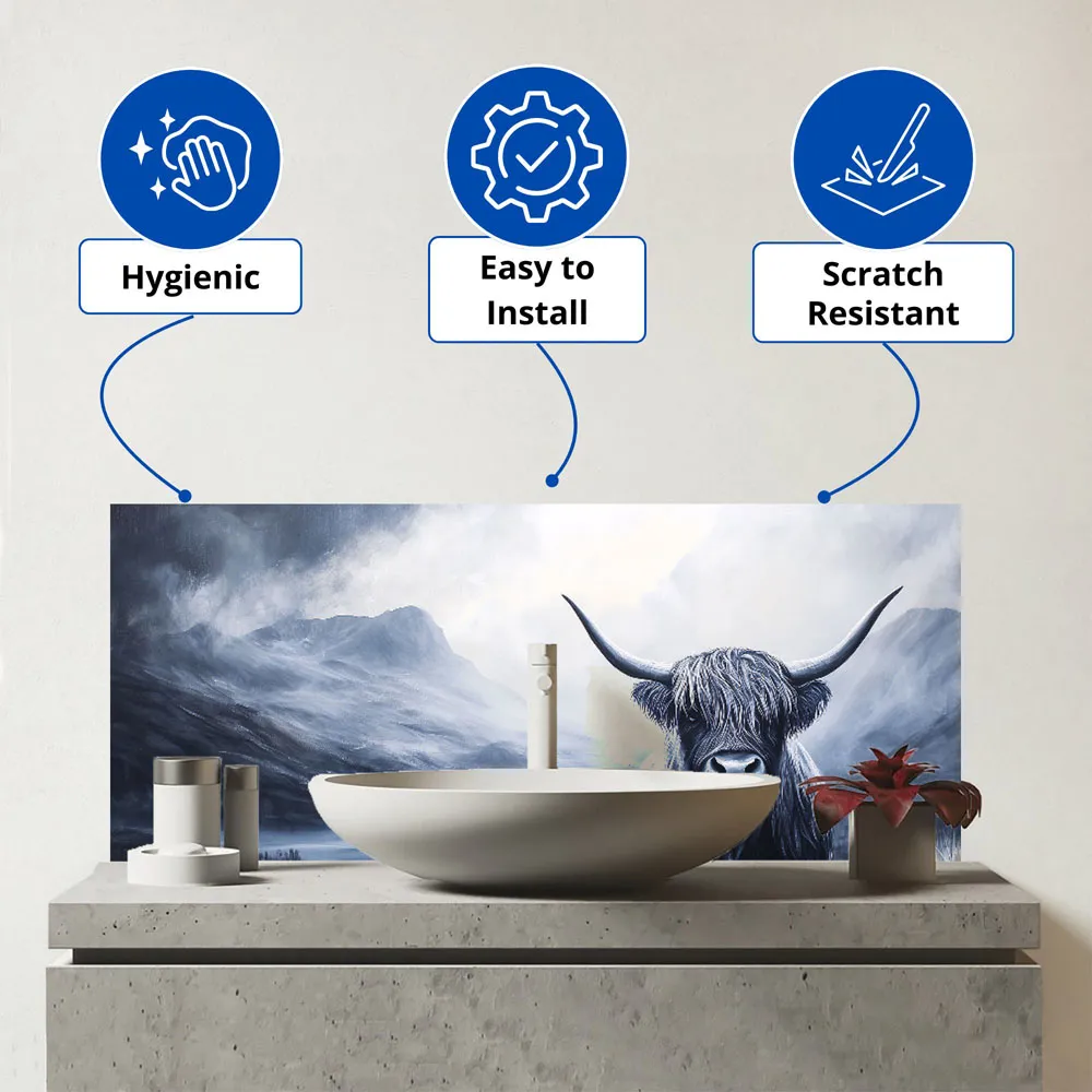 Highland Cow Dark Night Glass Bathroom Splashback - Multi