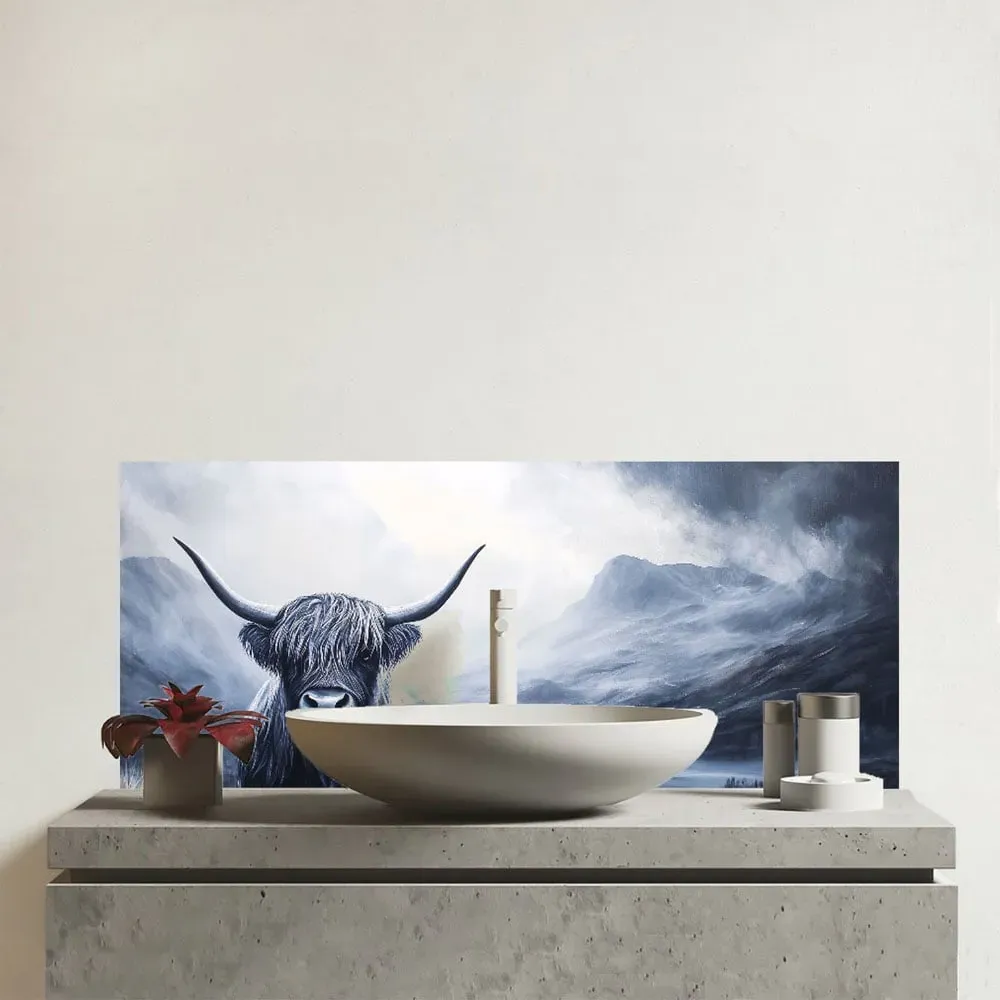 Highland Cow Dark Night Glass Bathroom Splashback - Multi