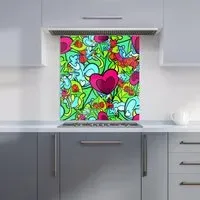 Hippie Psychedelic Pattern Glass Kitchen Splashback - Blue