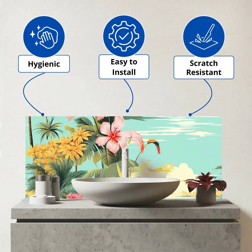Palm Trees Hibiscus Glass Bathroom Splashback - Multi
