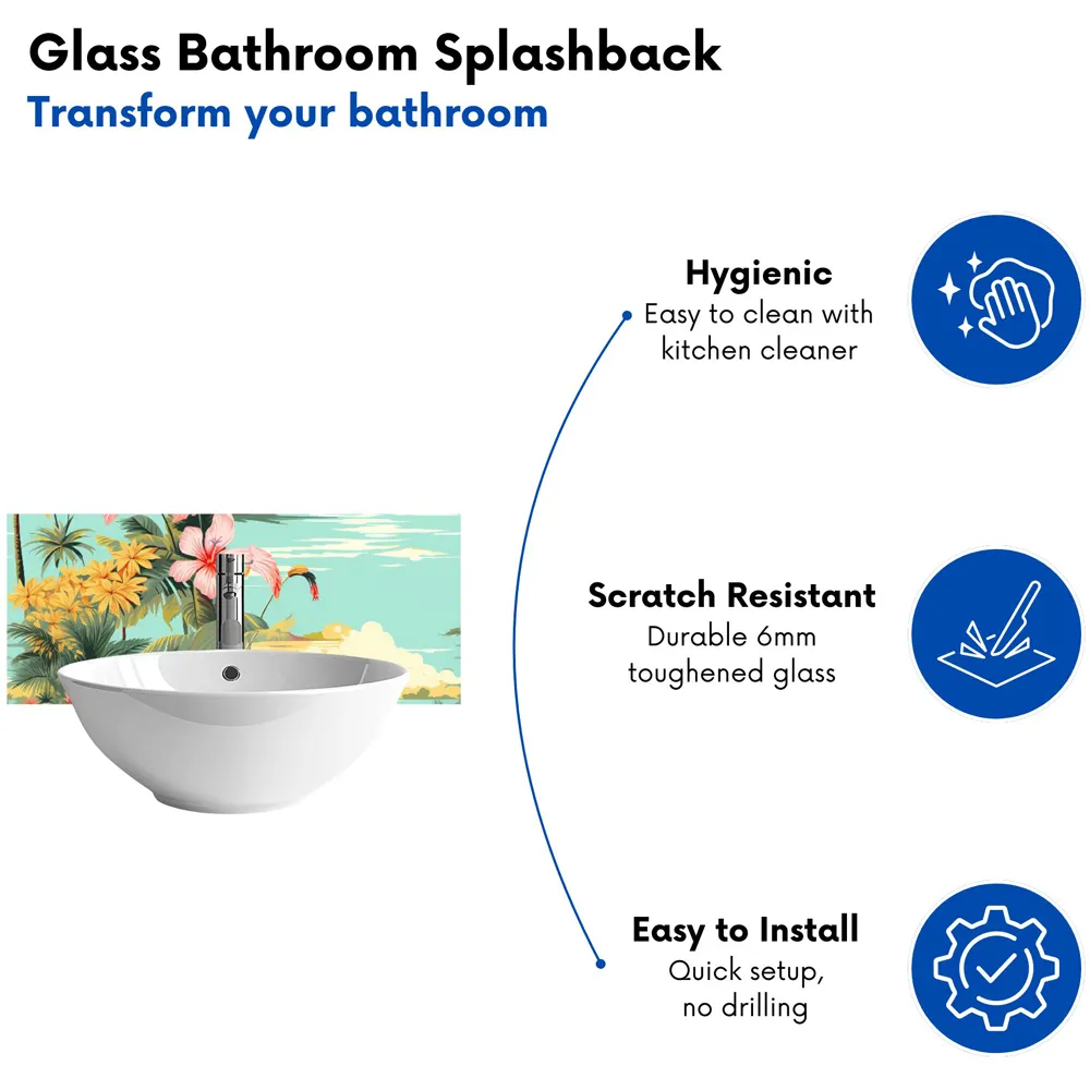 Palm Trees Hibiscus Glass Bathroom Splashback - Multi