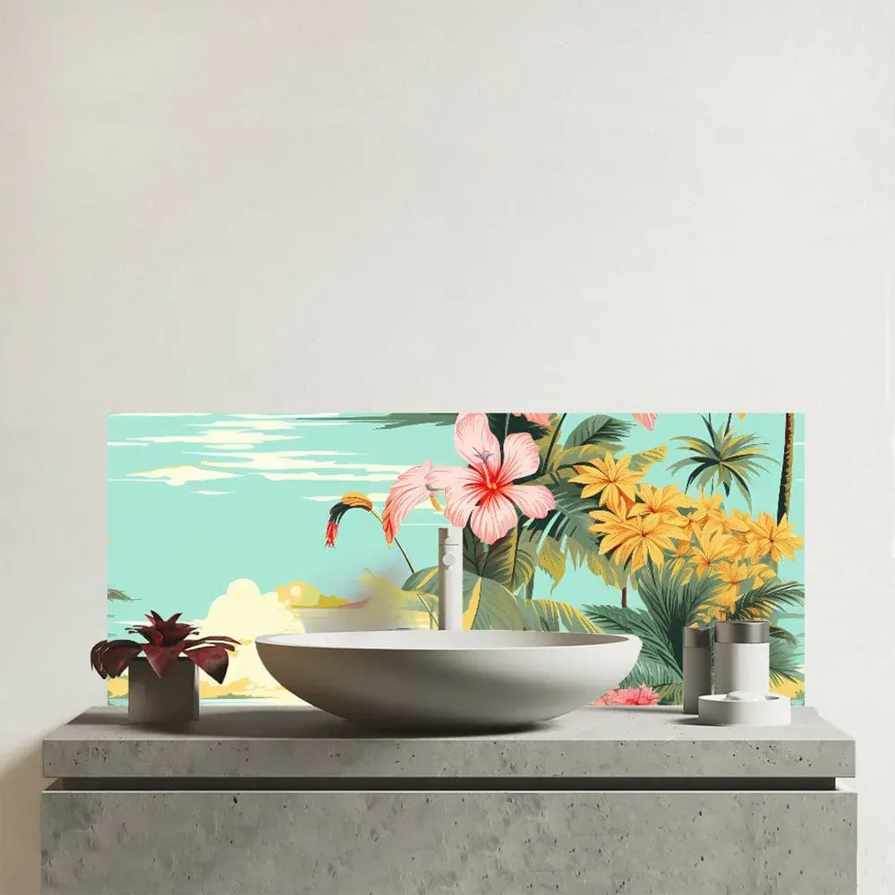 Palm Trees Hibiscus Glass Bathroom Splashback - Multi
