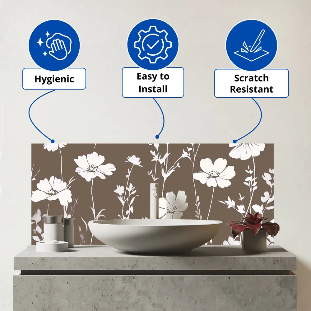 Taupe and White Floral Glass Bathroom Splashback - Multi