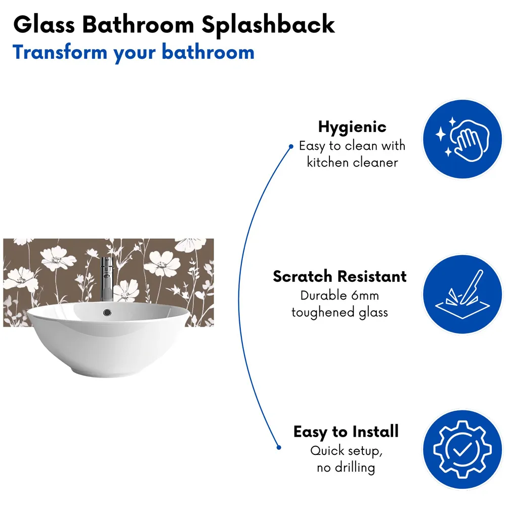 Taupe and White Floral Glass Bathroom Splashback - Multi