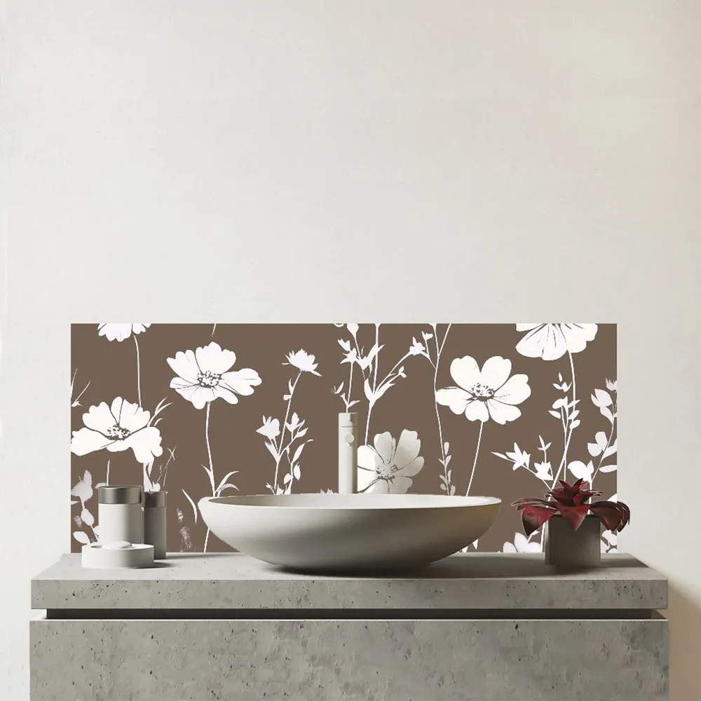 Taupe and White Floral Glass Bathroom Splashback - Multi