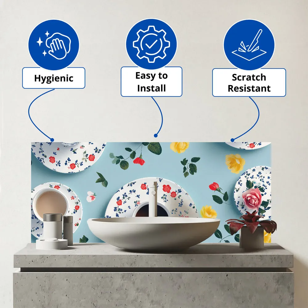 Tea Cups and Roses Glass Bathroom Splashback - Multi