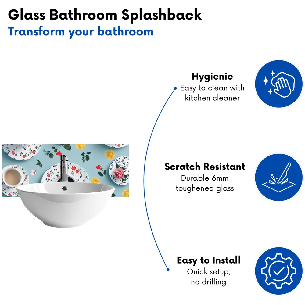 Tea Cups and Roses Glass Bathroom Splashback - Multi