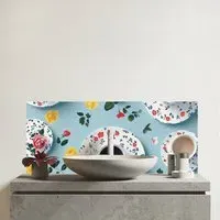 Tea Cups and Roses Glass Bathroom Splashback - Multi