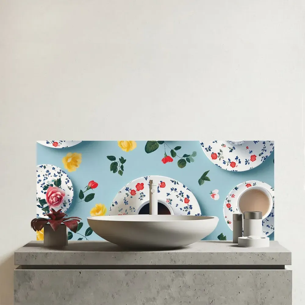 Tea Cups and Roses Glass Bathroom Splashback - Multi