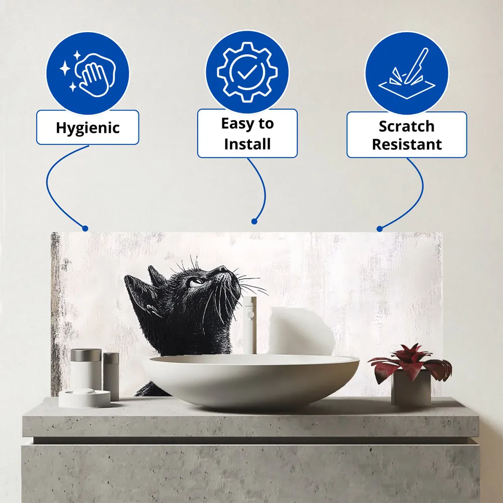 Thoughtful Banksy Inspired Cat Glass Bathroom Splashback - Multi