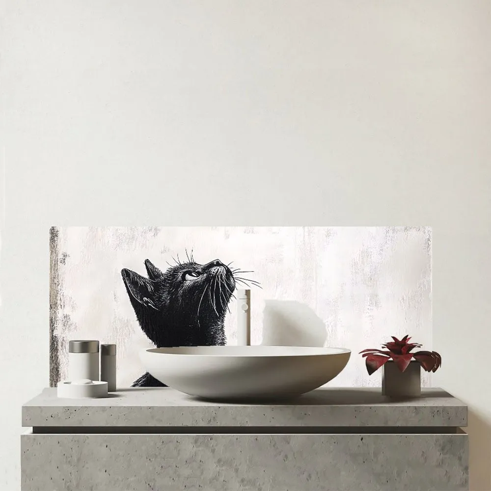 Thoughtful Banksy Inspired Cat Glass Bathroom Splashback - Multi