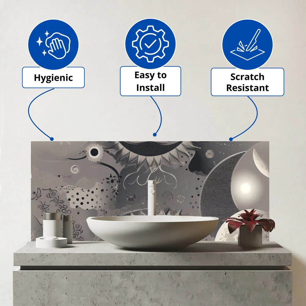 Warren Reed Abstract Moon Shapes Glass Bathroom Splashback - Multi