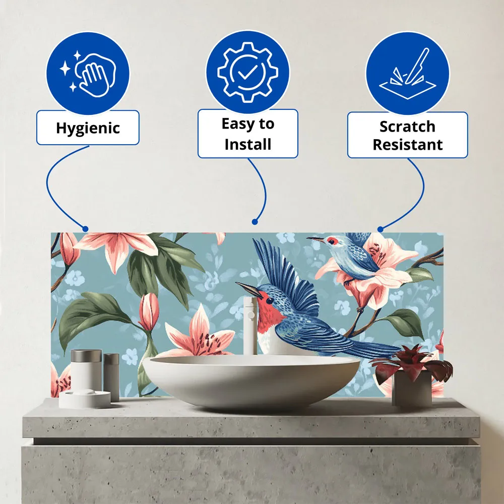 Warren Reed Birds on Branch Glass Bathroom Splashback - Multi