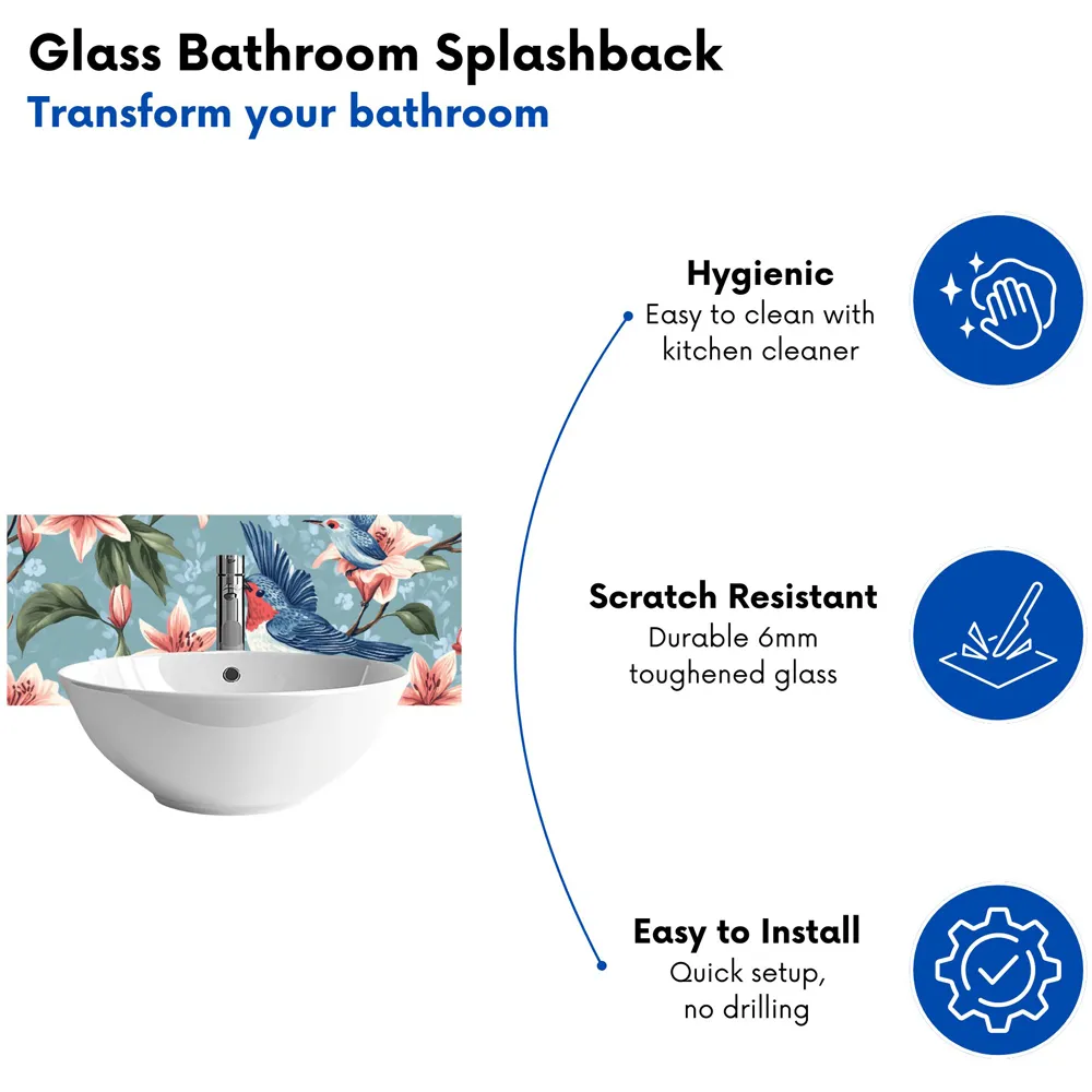 Warren Reed Birds on Branch Glass Bathroom Splashback - Multi