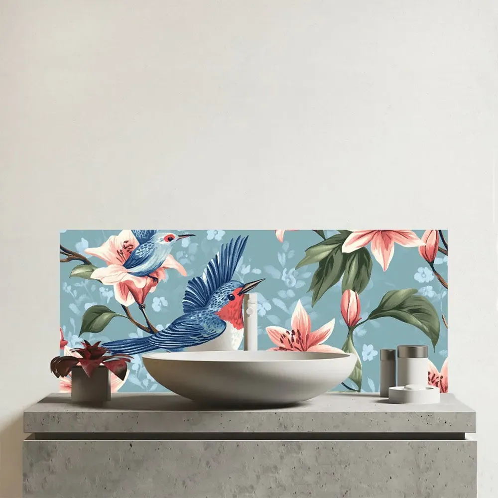 Warren Reed Birds on Branch Glass Bathroom Splashback - Multi image