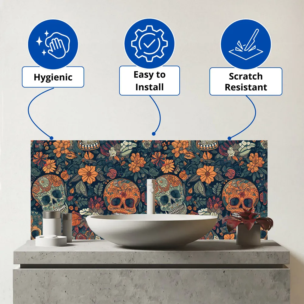 Warren Reed Dia De Los Muertos Skulls Glass Bathroom Splashback - Multi