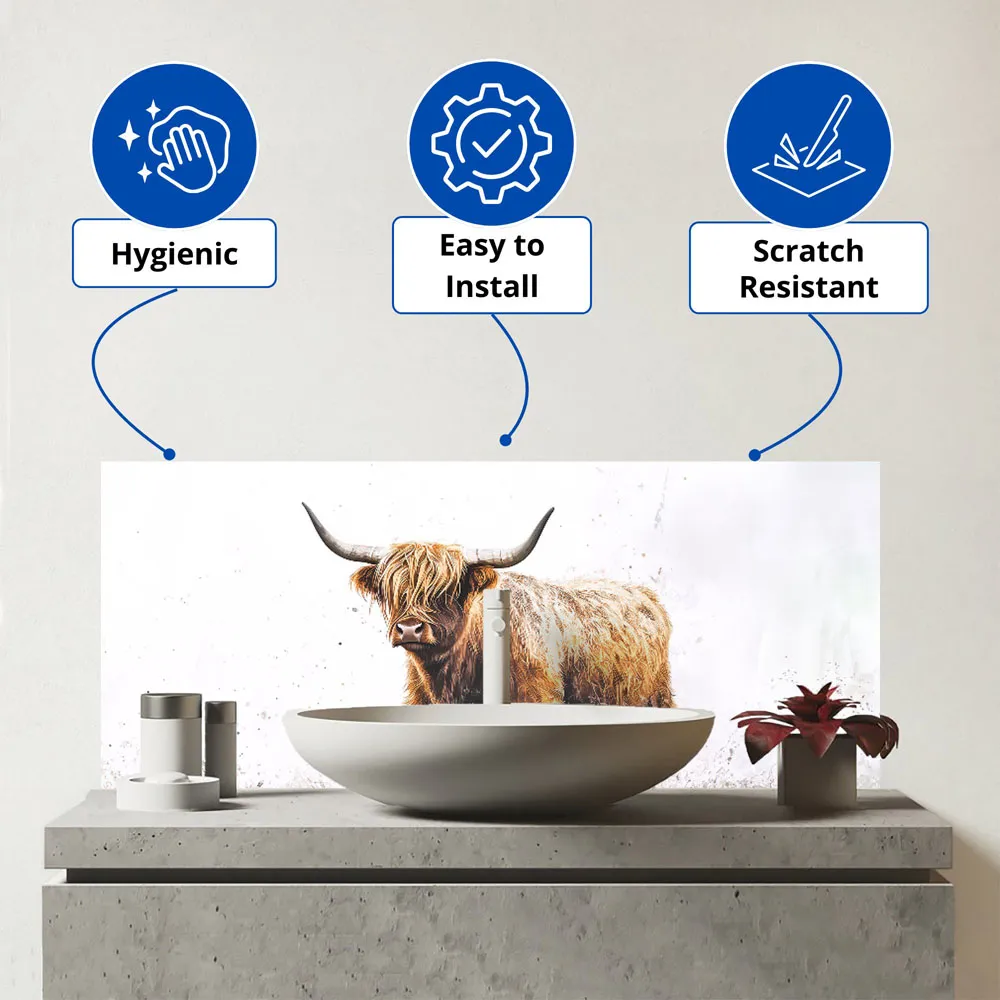 Warren Reed Highland Cow Watercolour Bathroom Splashback - Multi