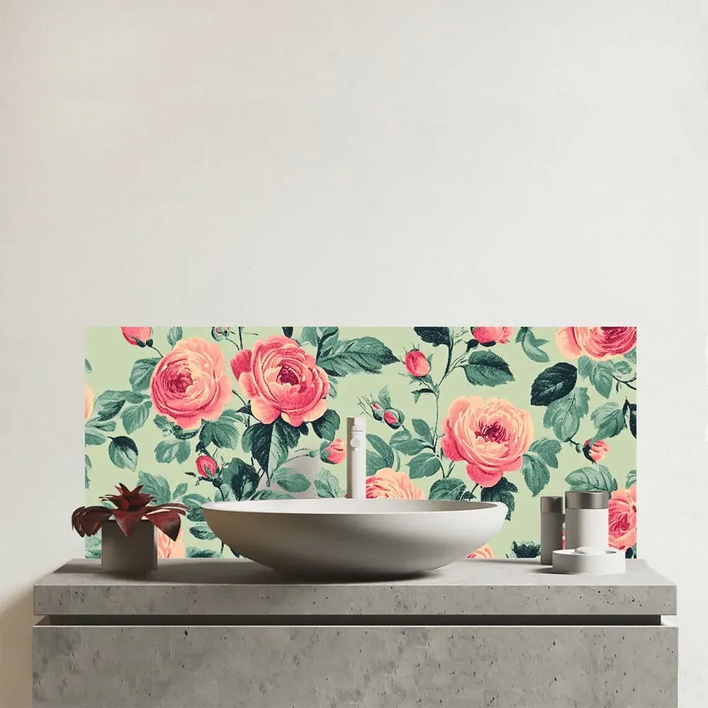 Warren Reed Sage Green and Pink Roses Glass Splashback - Multi image