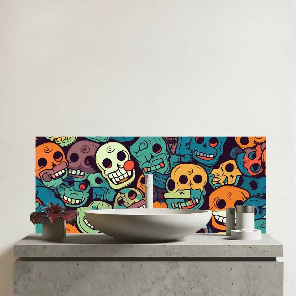 Warren Reed Smiling Skulls Glass Bathroom Splashback - Multi