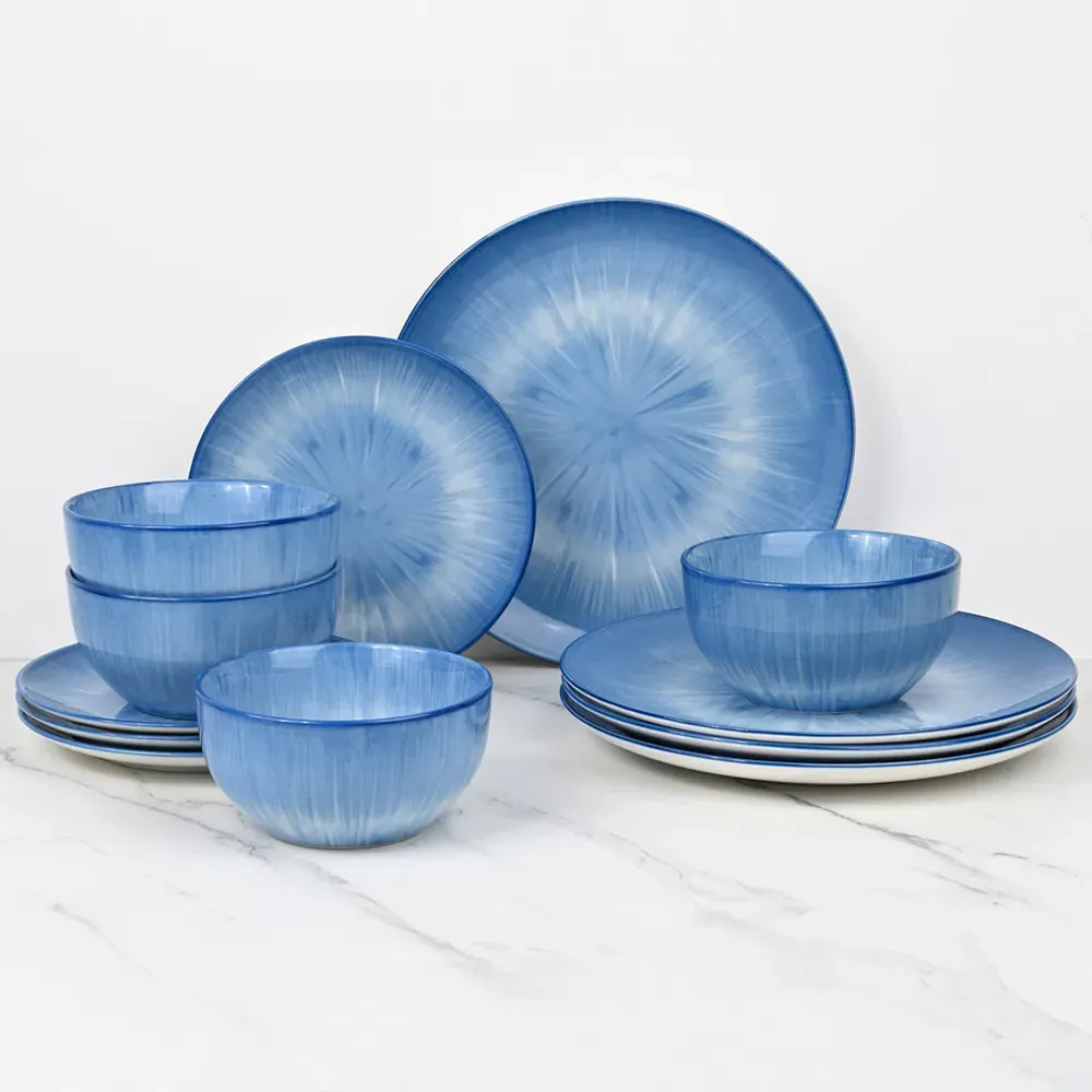 Blue Star Reactive 12 Piece Dinner Set - Blue, Porcelain