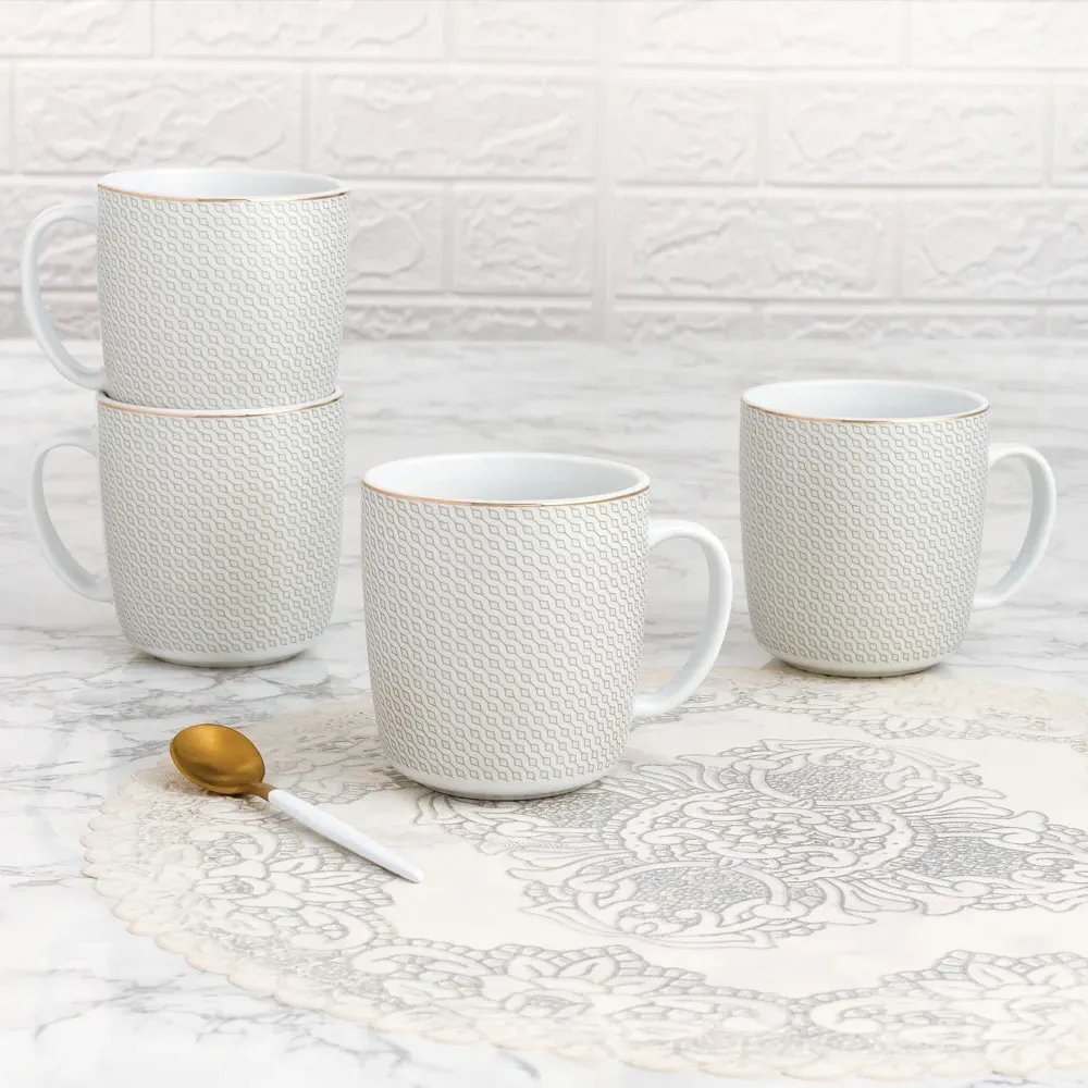 Diamond and Gold Porcelain Mug Set 4 Pack - Gold
